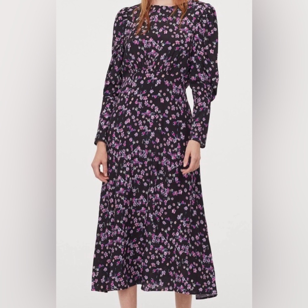 H&M Black and Purple Floral Long Sleeve Dress